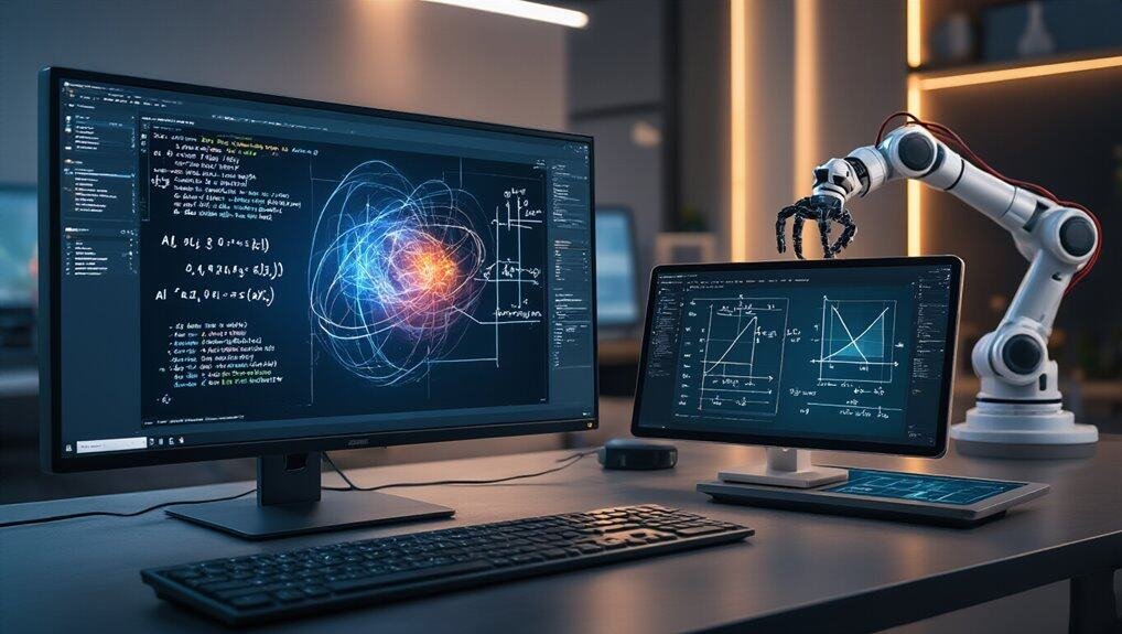 AI Physics Problem Solver That Shows Derivations 2 AI research environment featuring a robotic arm, dual screens displaying complex scientific diagrams and code, showcasing advanced technology and innovation in artificial intelligence.