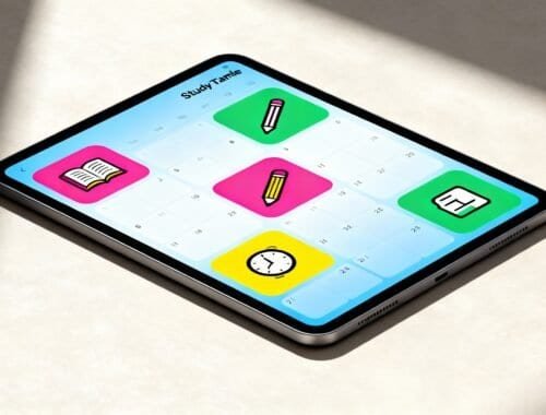 1. Bright digital calendar app on smartphone screen featuring icons for study, time, notes, and organization for efficient scheduling.