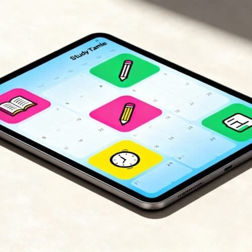 1. Bright digital calendar app on smartphone screen featuring icons for study, time, notes, and organization for efficient scheduling.