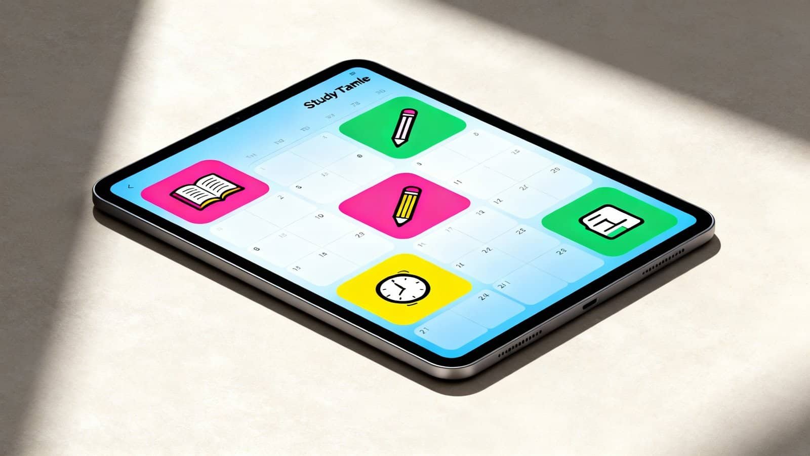 1. Bright digital calendar app on smartphone screen featuring icons for study, time, notes, and organization for efficient scheduling.