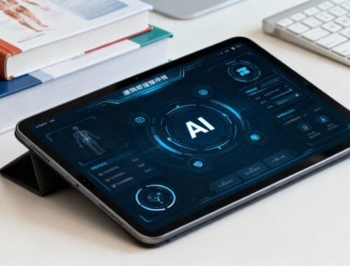 AI technology interface displayed on a tablet, with digital health and medical data graphics, on a white desk alongside medical books and a keyboard.