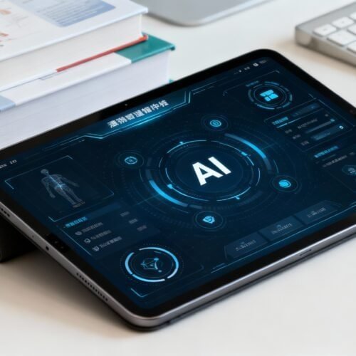 AI technology interface displayed on a tablet, with digital health and medical data graphics, on a white desk alongside medical books and a keyboard.