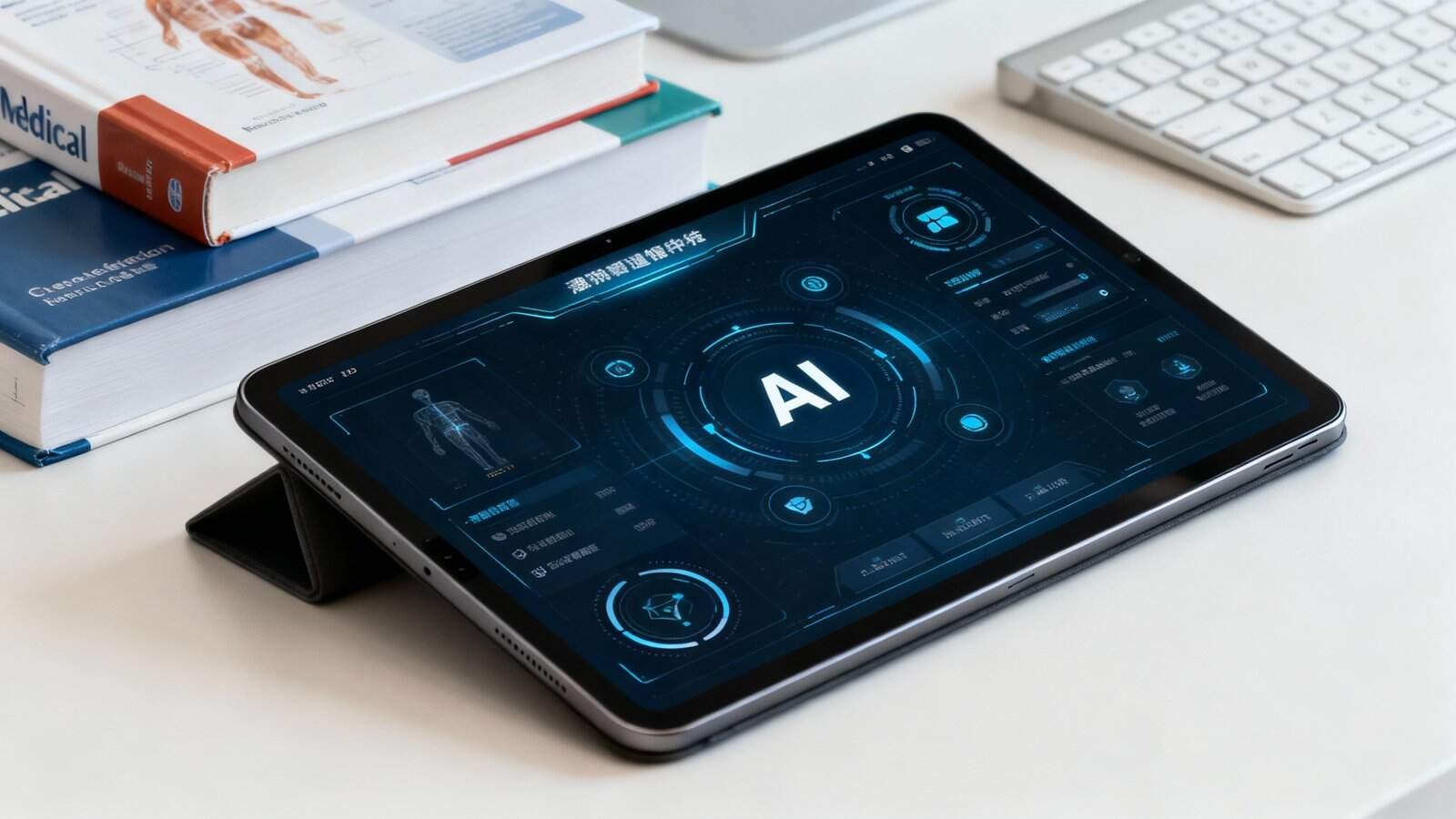 AI technology interface displayed on a tablet, with digital health and medical data graphics, on a white desk alongside medical books and a keyboard.