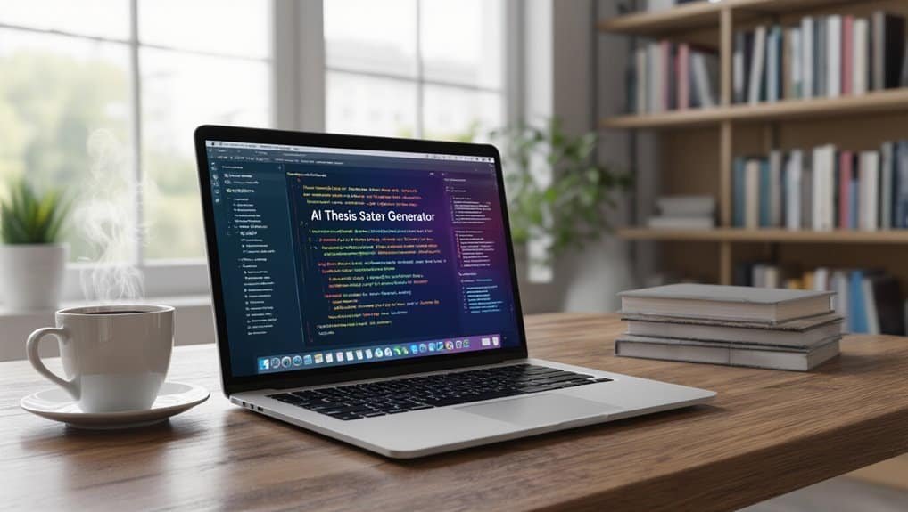 AI Thesis Sater Generator on a MacBook laptop in a modern bright home office with bookshelves and a coffee mug on a wooden desk.