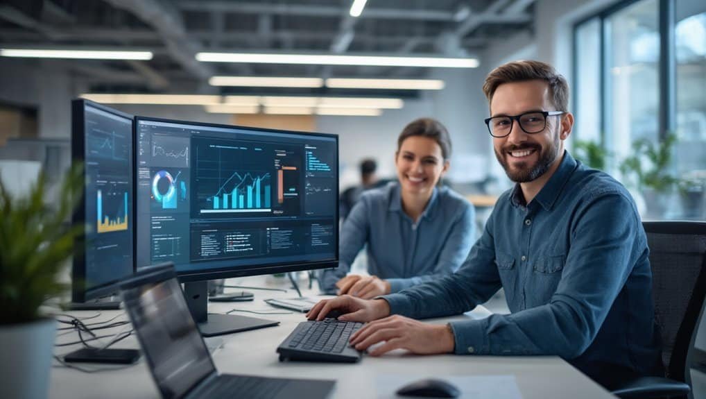 Chemicloud Managed Migrations and Hands On Support 2 Two professionals happily working with data analytics on dual monitors in a modern office. The digital dashboards display charts and graphs, indicating data analysis or business intelligence activities.