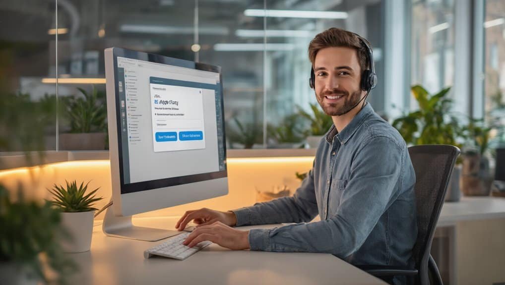 Chemicloud Human Live Chat Support for Non Technical Users 2 SEO-Friendly ALT Text: Customer support specialist with headset working at computer in modern office environment.