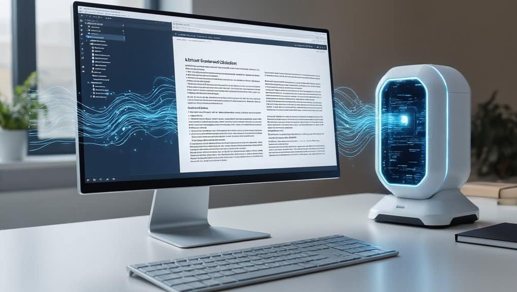 AI Tool to Extract References From PDFS and Format Citations 3 AI-powered computer showing a digital document with data streams connecting to a futuristic data processing device, highlighting the integration of AI technology in website tools and digital workflows.