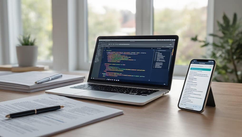 1. MacBook displaying coding script and smartphone on a wooden desk in a bright office setting, showcasing website development tools.