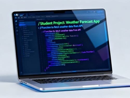 An image of a laptop displaying code for a weather forecast app, illustrating website development and programming resources on your trusted platform.