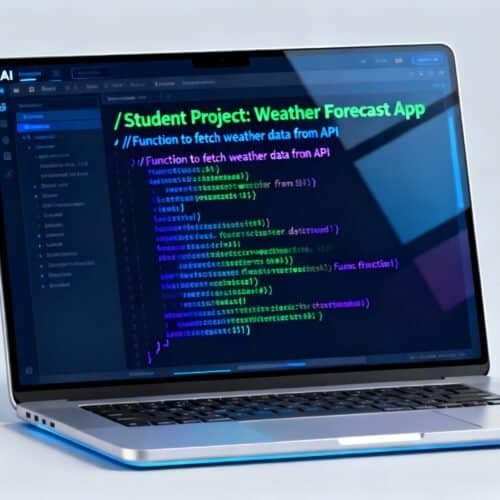 AI Code Comment Generator for Student Projects 5 An image of a laptop displaying code for a weather forecast app, illustrating website development and programming resources on your trusted platform.