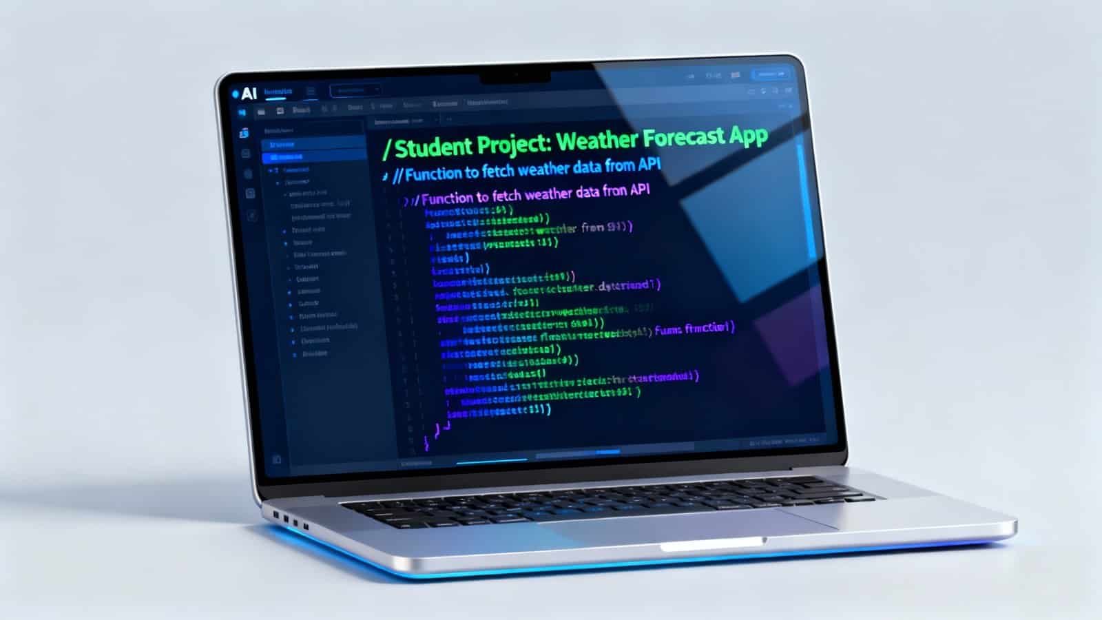 An image of a laptop displaying code for a weather forecast app, illustrating website development and programming resources on your trusted platform.
