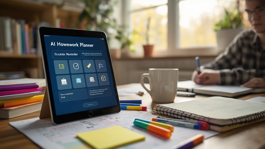 AI Homework Planner With Reminders for ADHD Students 2 AI homework planner on tablet with colorful stationery and notebooks in a bright, cozy workspace featuring a person writing, ideal for students seeking digital academic tools.