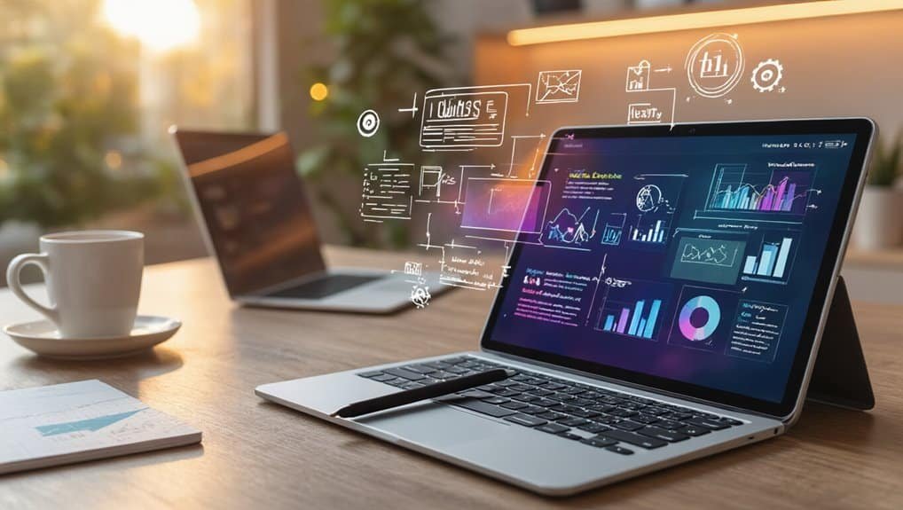 AI to Convert Handwritten Notes to Digital With Summaries 3 AI-generated data analysis charts on a laptop screen with digital graph overlays; workspace with coffee cup and documents, modern office environment.