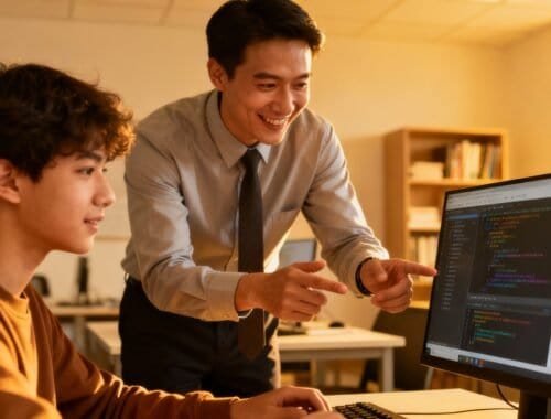 Innovative teacher guiding a student in programming at computer lab, fostering coding skills with engaging classroom interaction in a modern educational environment.
