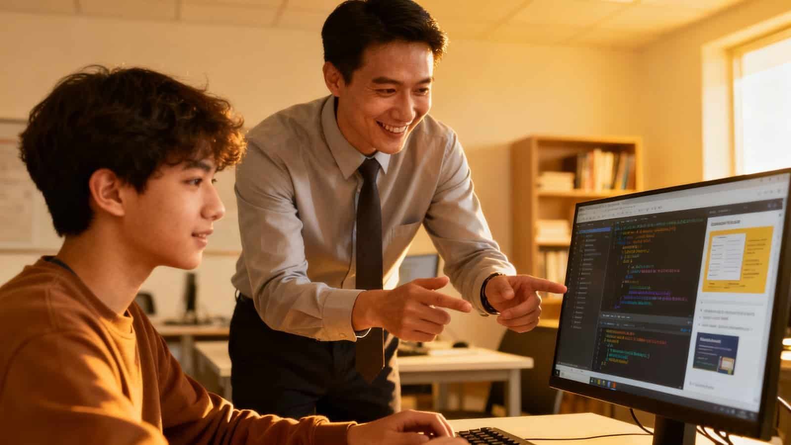 Innovative teacher guiding a student in programming at computer lab, fostering coding skills with engaging classroom interaction in a modern educational environment.