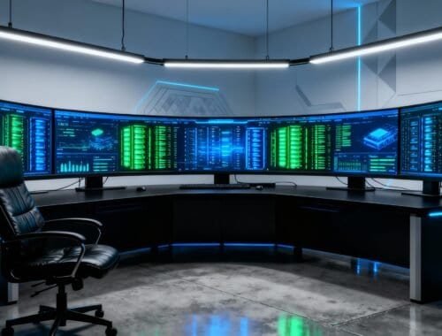 High-tech data center with multiple curved monitors displaying system analytics, network performance metrics, and data visualization in a modern, sleek control room environment.