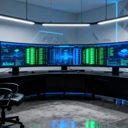 Chemicloud Best Technical Support Hosting 5 High-tech data center with multiple curved monitors displaying system analytics, network performance metrics, and data visualization in a modern, sleek control room environment.