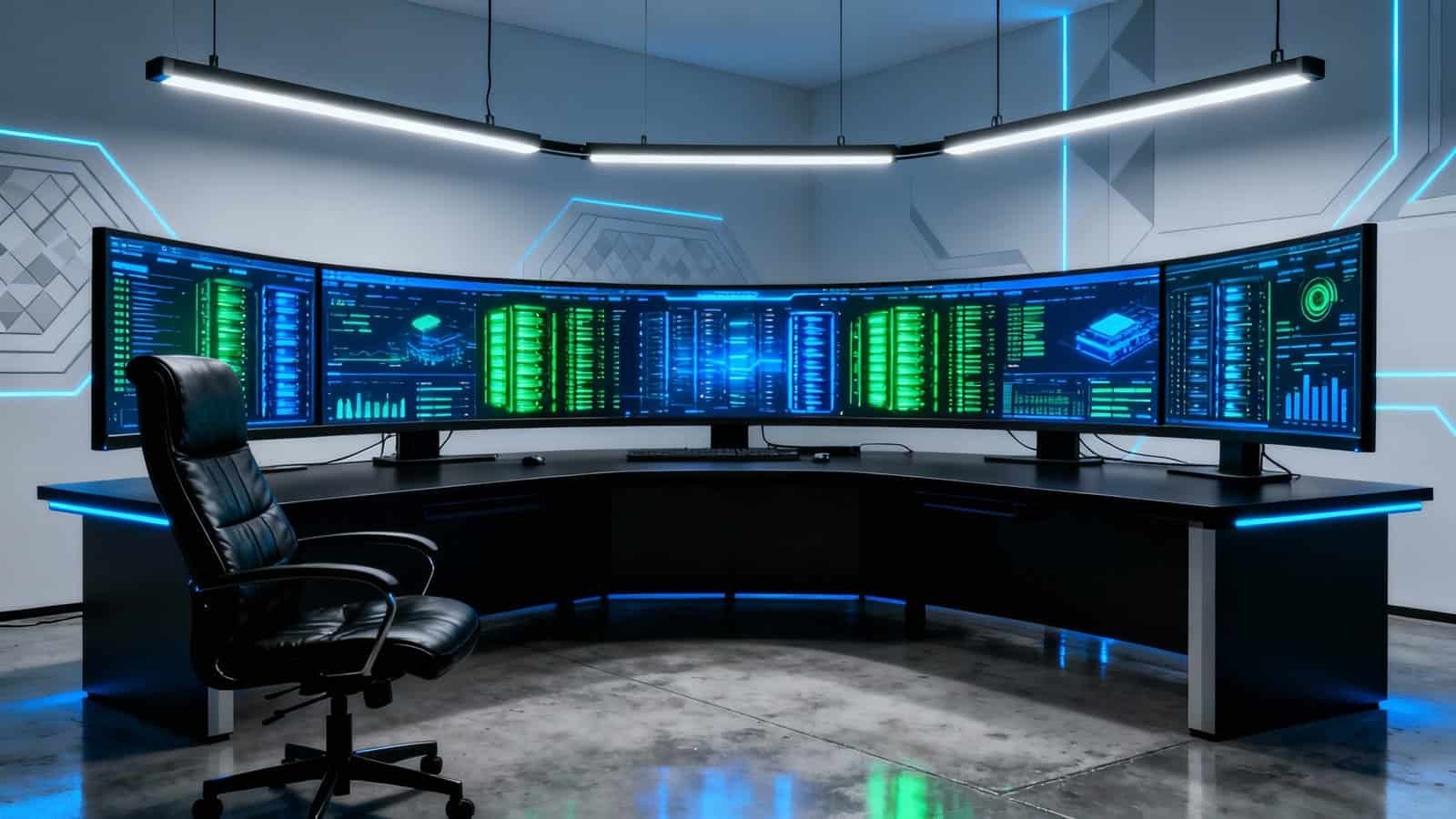 High-tech data center with multiple curved monitors displaying system analytics, network performance metrics, and data visualization in a modern, sleek control room environment.