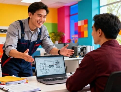 Engineer and colleague discussing technical schematics in a colorful, modern office environment.