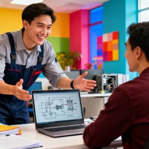 Engineer and colleague discussing technical schematics in a colorful, modern office environment.