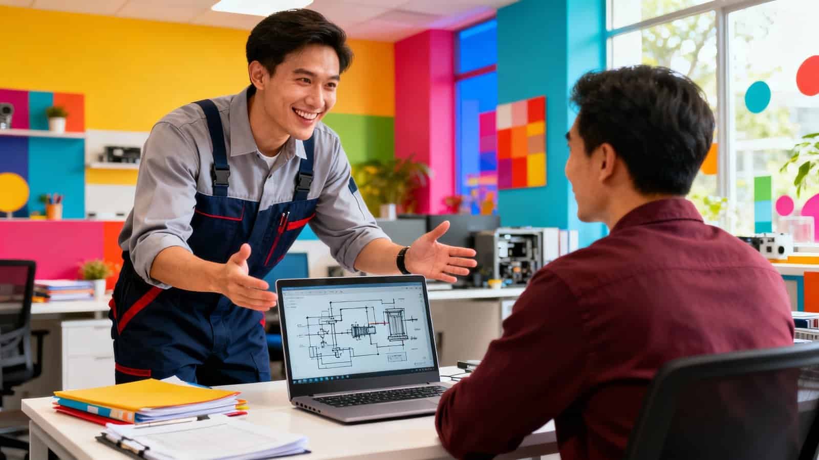 Chemicloud Easy Website Setup With Expert Assistance 1 Engineer and colleague discussing technical schematics in a colorful, modern office environment.