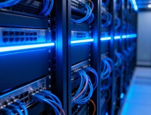 Bright blue LED-lit server racks with network cables in a data center, showcasing advanced IT infrastructure and cybersecurity hardware.