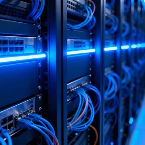 Bright blue LED-lit server racks with network cables in a data center, showcasing advanced IT infrastructure and cybersecurity hardware.