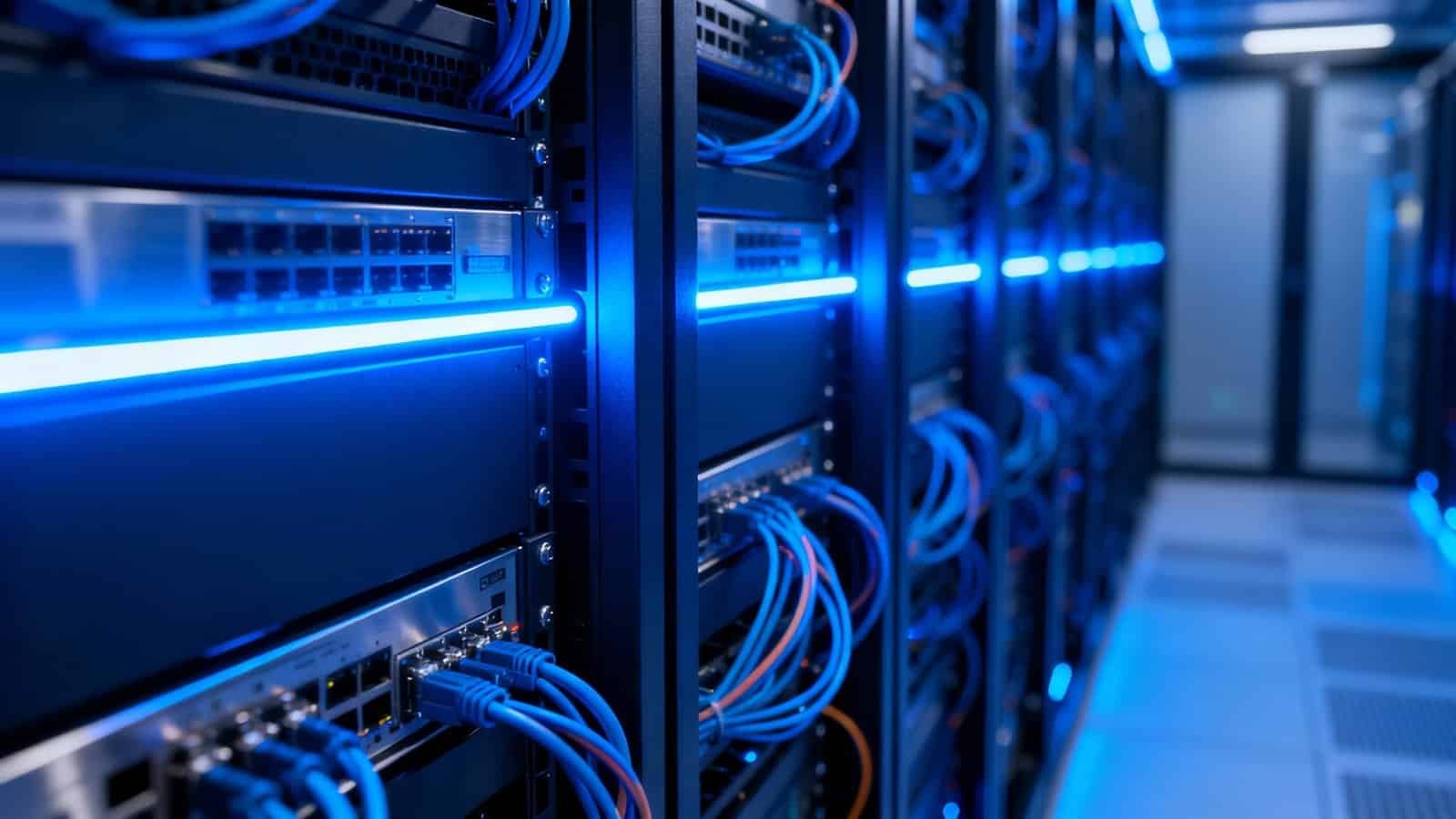 Chemicloud Hosting With Fastest Support Response Times 1 Bright blue LED-lit server racks with network cables in a data center, showcasing advanced IT infrastructure and cybersecurity hardware.