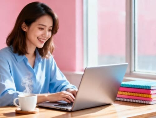 Bright smiling woman working on a laptop at a wooden desk with colorful notebooks and a steaming coffee mug during daytime.