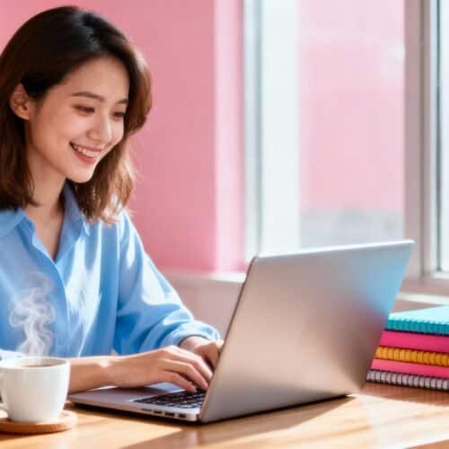 Best Hosting for Non Technical Small Business Owners 5 Bright smiling woman working on a laptop at a wooden desk with colorful notebooks and a steaming coffee mug during daytime.