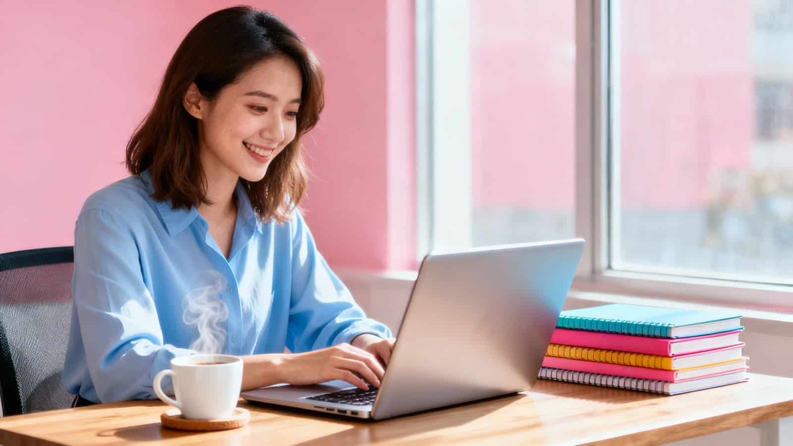 Best Hosting for Non Technical Small Business Owners 1 Bright smiling woman working on a laptop at a wooden desk with colorful notebooks and a steaming coffee mug during daytime.
