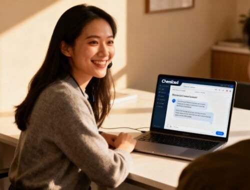 Professional woman using a laptop with Chemcloud software in an office setting, smiling during a customer support or consultation session.