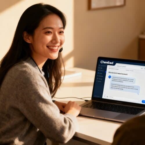 Chemicloud Human Live Chat Support for Non Technical Users 3 Professional woman using a laptop with Chemcloud software in an office setting, smiling during a customer support or consultation session.
