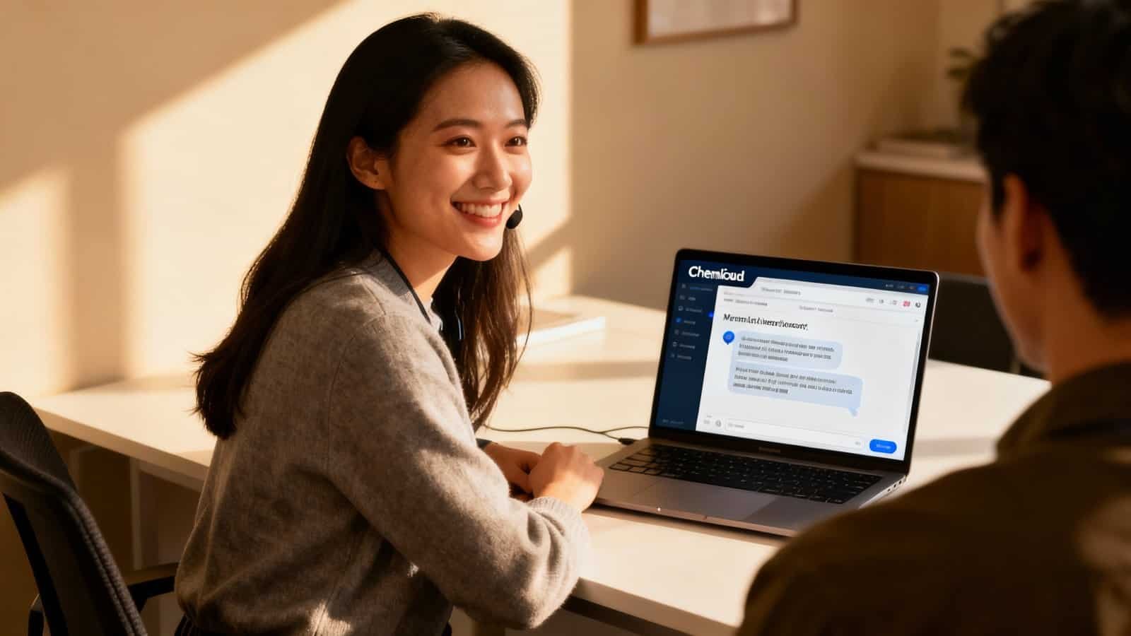 Chemicloud Human Live Chat Support for Non Technical Users 1 Professional woman using a laptop with Chemcloud software in an office setting, smiling during a customer support or consultation session.