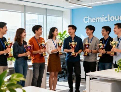 High-energy team celebrating with trophies in a modern office space with large windows and green plants, showcasing success and teamwork in a corporate environment.