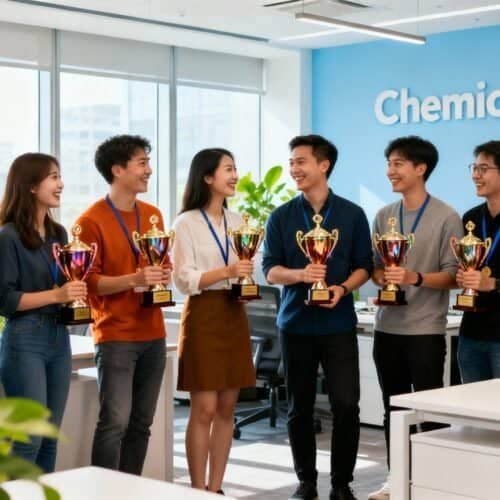 High-energy team celebrating with trophies in a modern office space with large windows and green plants, showcasing success and teamwork in a corporate environment.
