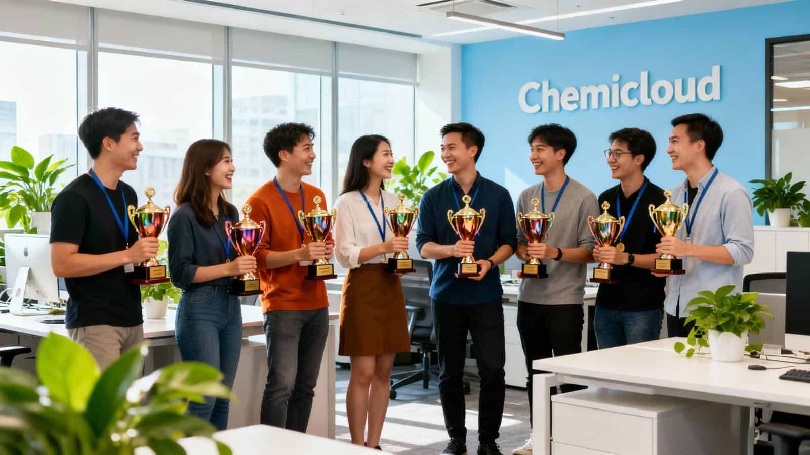 High-energy team celebrating with trophies in a modern office space with large windows and green plants, showcasing success and teamwork in a corporate environment.
