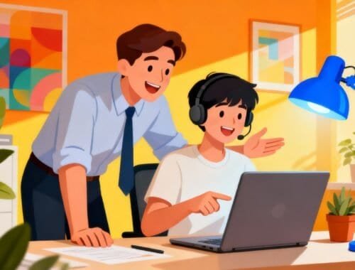 A man in business attire and a young person with headphones work together at a desk with a laptop, in a bright, colorful office setting with plants and modern artwork.