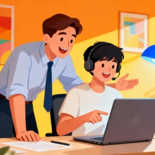 A man in business attire and a young person with headphones work together at a desk with a laptop, in a bright, colorful office setting with plants and modern artwork.