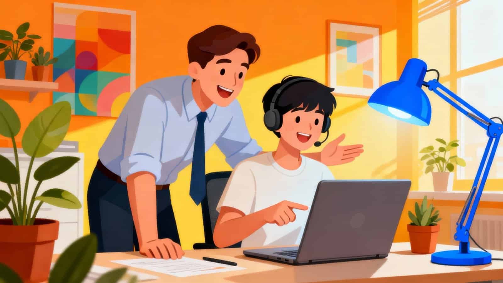 A man in business attire and a young person with headphones work together at a desk with a laptop, in a bright, colorful office setting with plants and modern artwork.