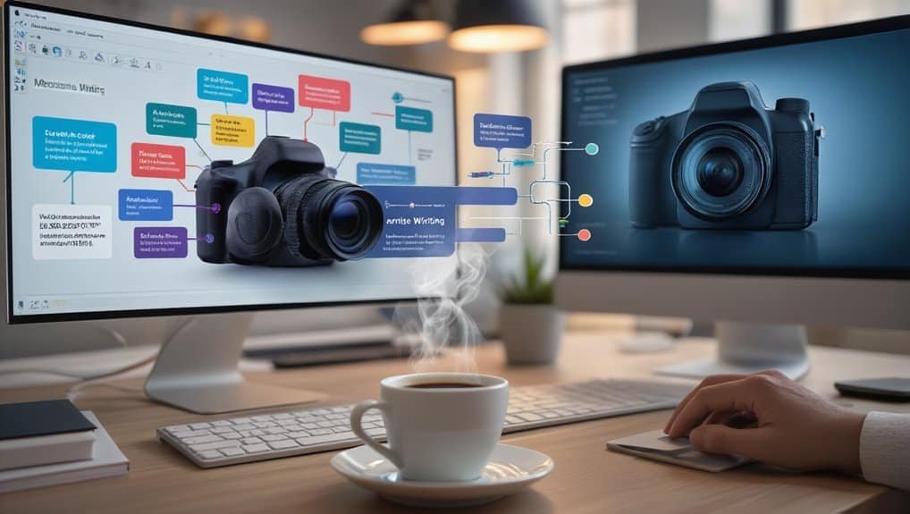 Professional photo editing and graphic design workspace featuring camera illustrations on dual monitors, with a steaming coffee cup in the foreground, showcasing creative digital visual content development.