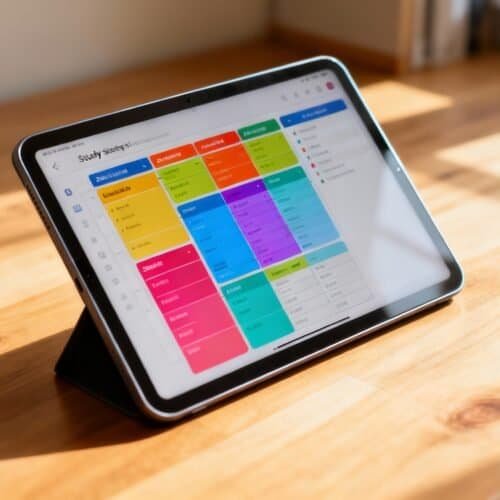 To-Do List Organizer displayed on tablet screen with colorful categories and tasks, promoting productivity and efficient planning.