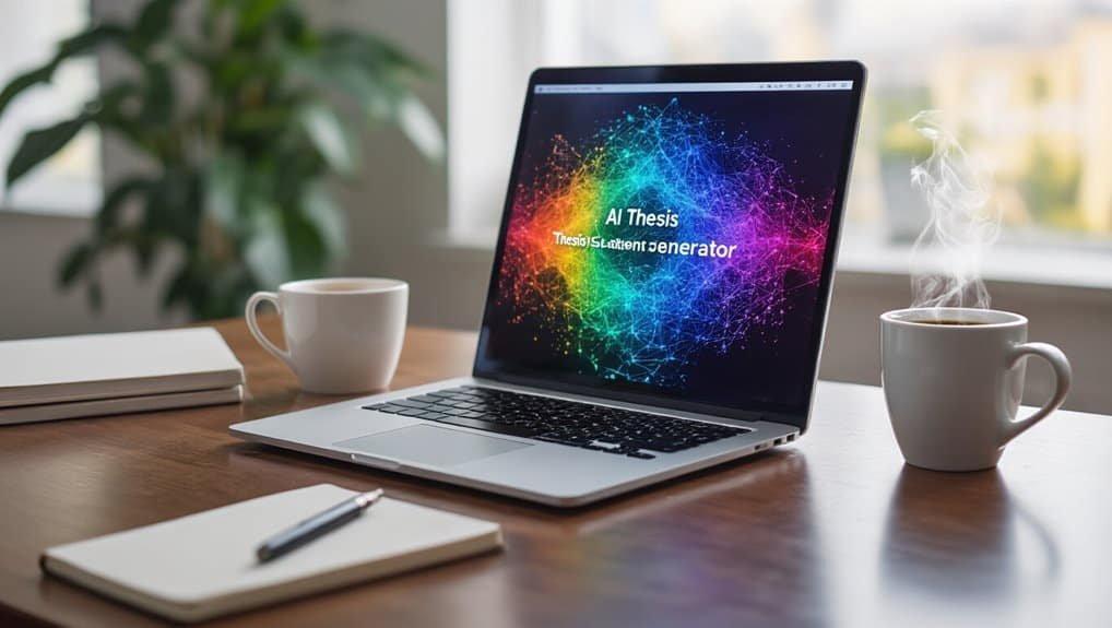 AI Thesis Generator on a laptop screen with colorful digital network graphics, surrounded by notebooks and coffee mugs in a bright workspace.