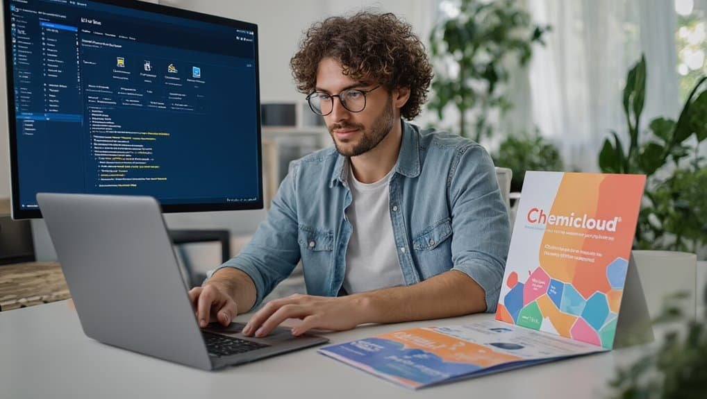 Modern software developer working on a laptop with a large monitor displaying code, surrounded by branding elements for Chemicloud, in a bright, plant-filled workspace.