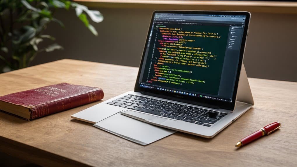 Code editing on a laptop screen displaying programming language, with a vintage book and a red pen on a wooden desk. Ideal for developers, programmers, and tech enthusiasts.