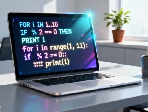 A laptop displaying a colorful programming code with a bright office background, including a window with sunlight, a potted plant, coffee mug, and other office essentials.