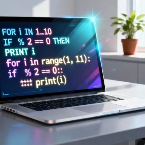 A laptop displaying a colorful programming code with a bright office background, including a window with sunlight, a potted plant, coffee mug, and other office essentials.
