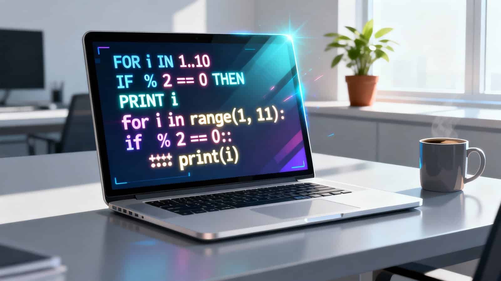A laptop displaying a colorful programming code with a bright office background, including a window with sunlight, a potted plant, coffee mug, and other office essentials.