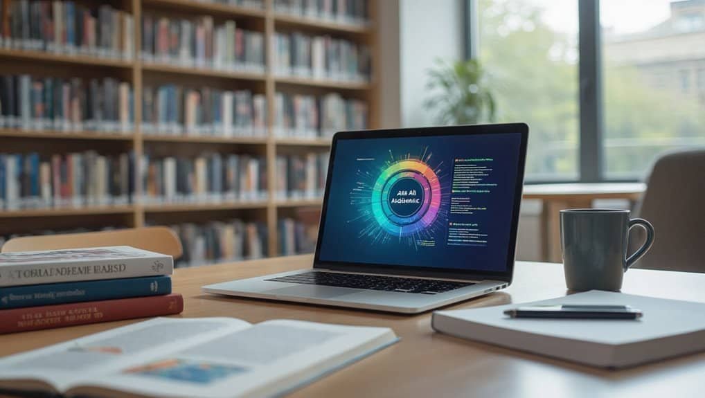 Detailed image of a workspace with a laptop displaying data visualization, surrounded by books, a notebook, a pen, and a coffee mug, set in a bright room with large windows, ideal for Website Tools & Products.