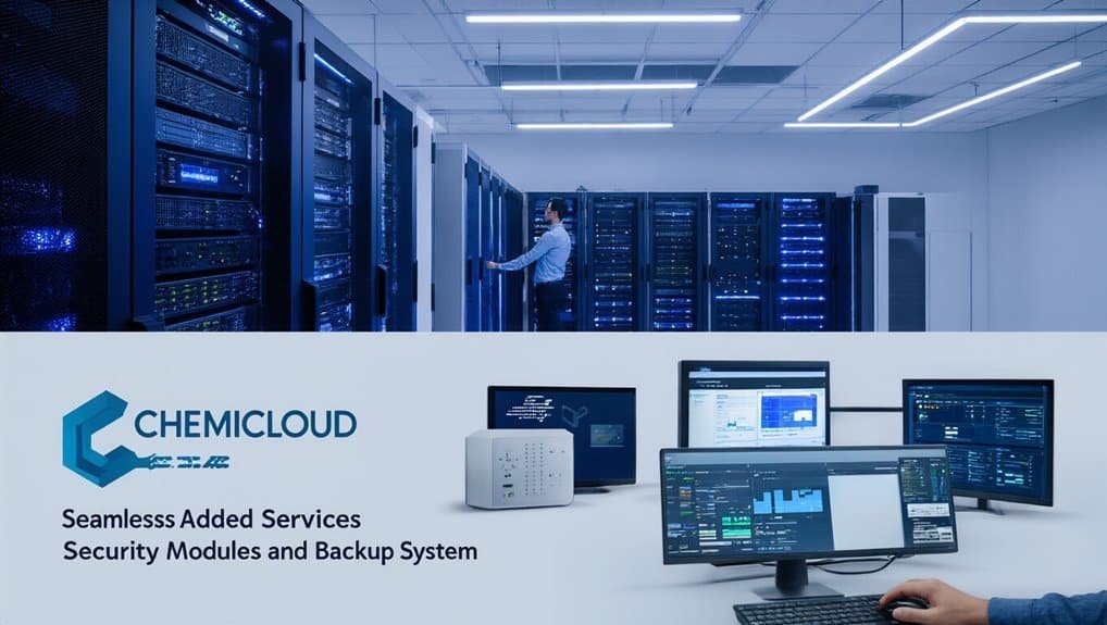 Cloud data center server room with cybersecurity technology and monitoring equipment for website tools and products SEO.